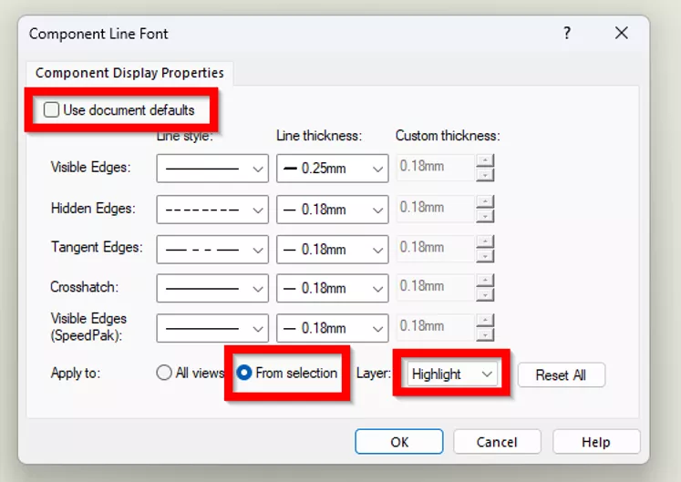 Use Document Defaults Option in SOLIDWORKS Component Line Font Dialog