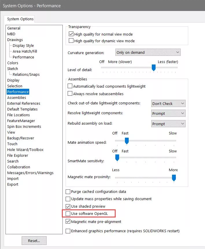 SOLIDWORKS Use Software OpenGL