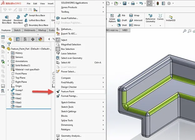 SOLIDWORKS Utilities Feature Paint Location