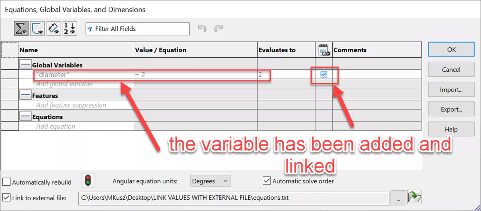 Variable that has been added and linked in SOLIDWORKS 