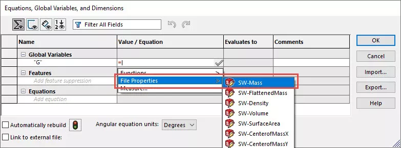 Variable Mass Properties in SOLIDWORKS
