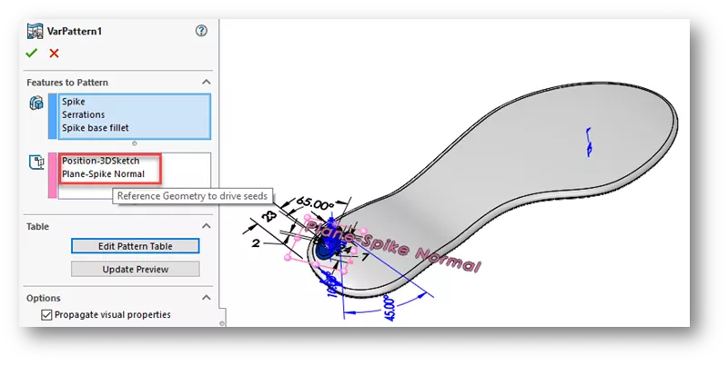 Edit Variable Pattern on SOLIDWORKS Soccer Cleat Model