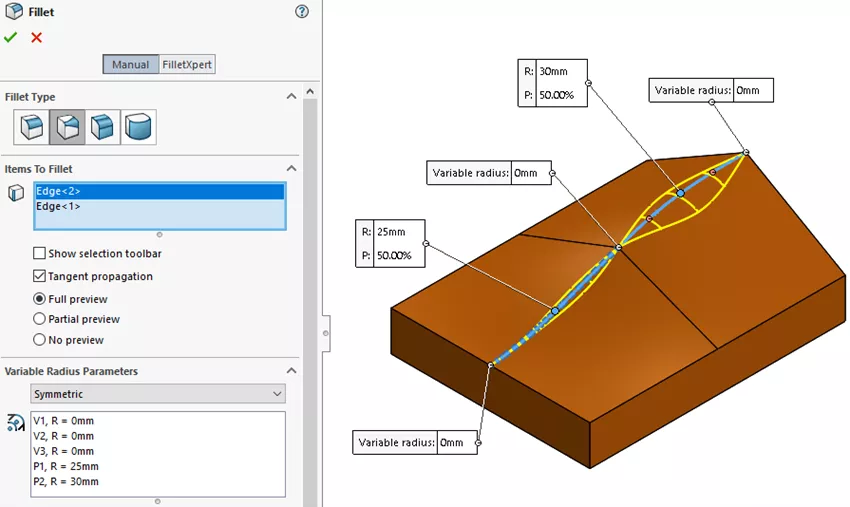SOLIDWORKS Variable Size Fillet PropertyManager with Edges Created by Split Line Selected