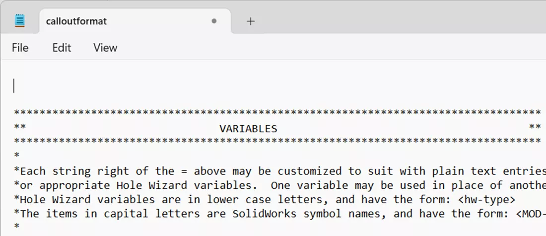 VARIABLES section in calloutformat.txt