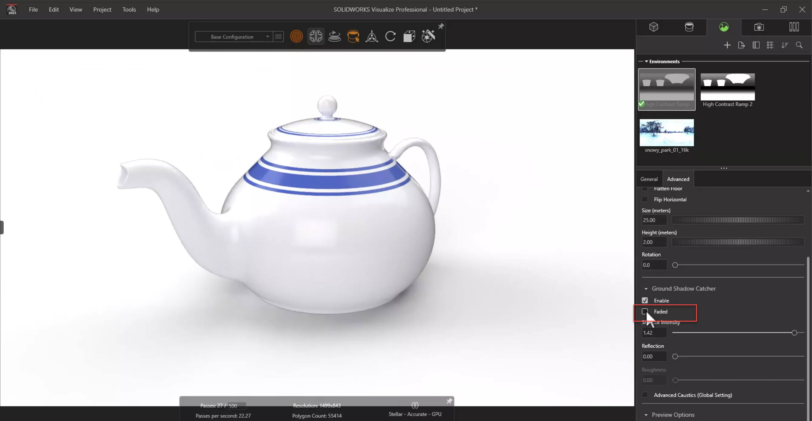 Faded Ground Shadow Catcher Option in SOLIDWORKS Visualize 2025