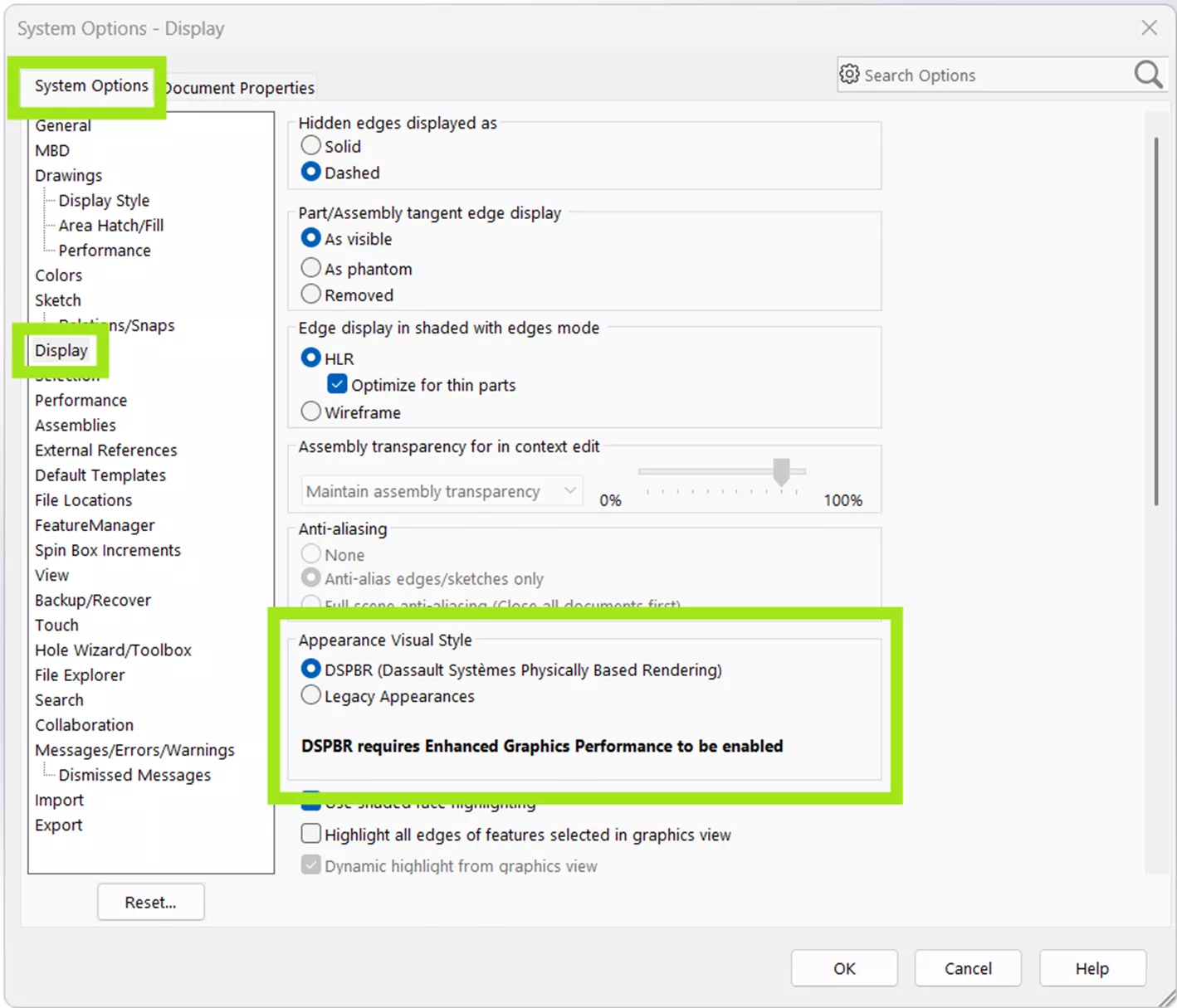 SOLIDWORKS System Options DSPBR Appearance Visual Style