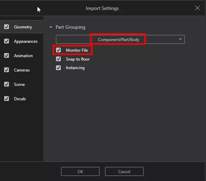 SOLIDWORKS Visualize Component/Part/Body Grouping In Import Settings