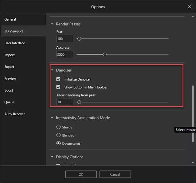 SOLIDWORKS Visualize Denoiser Tool Settings