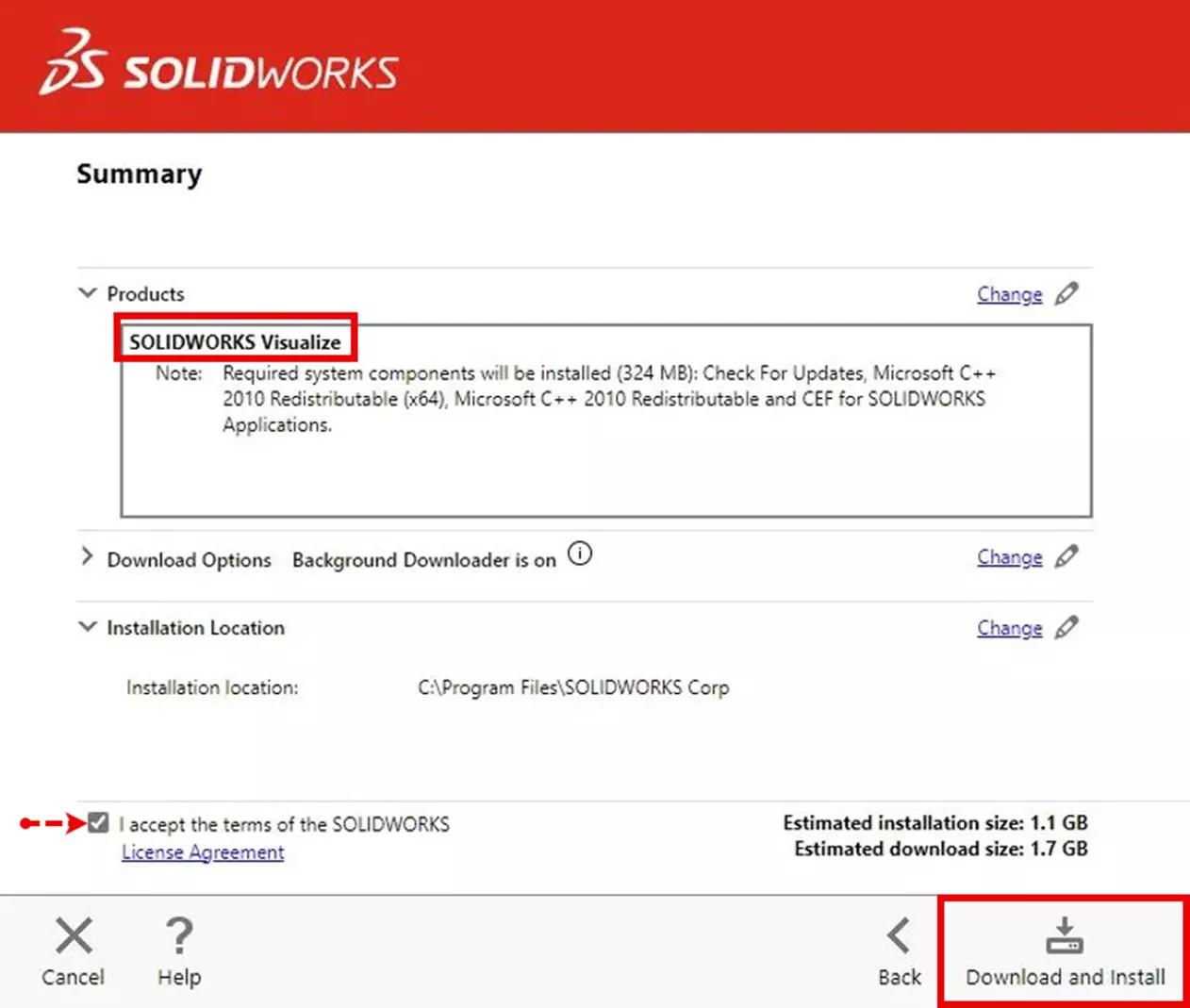 SOLIDWORKS Visualize Installation Summary 
