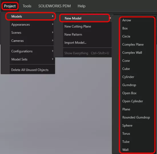 SOLIDWORKS Visualize New Model Options Under Projects