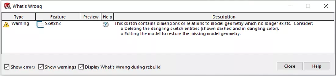 SOLIDWORKS Warning This Sketch Contains Dimensions or Relations to Model Geometry Which No Longer Exists