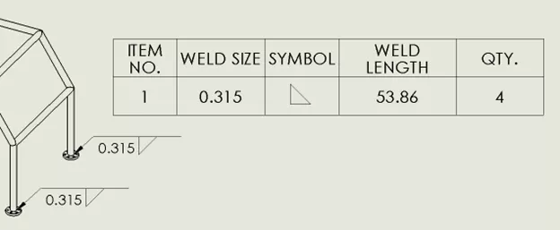 SOLIDWORKS Weld Bead Properties Displayed in a Drawing using a Weld Table