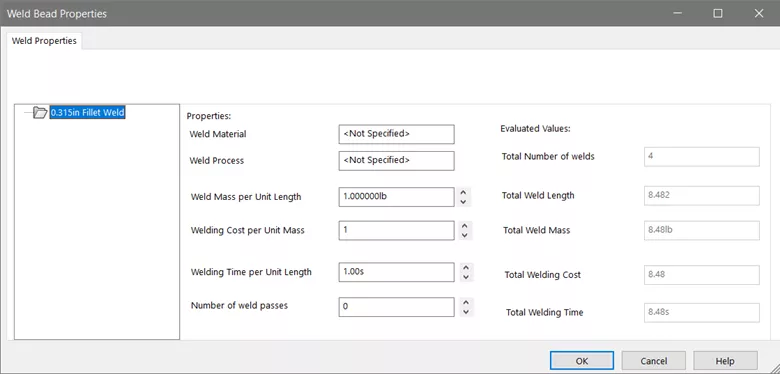 SOLIDWORKS Weld Bead Properties