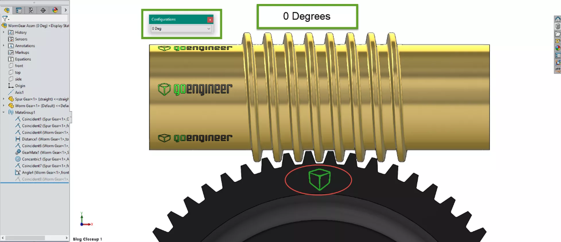 SOLIDWORKS Worm Screw Rotation at 0 Degrees