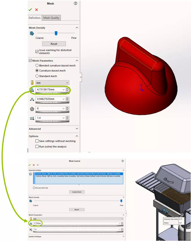 SOLIDWORKS Simulation Part-level Mesh PropertyManager and assembly-level Mesh Control PropertyManager for that same component 