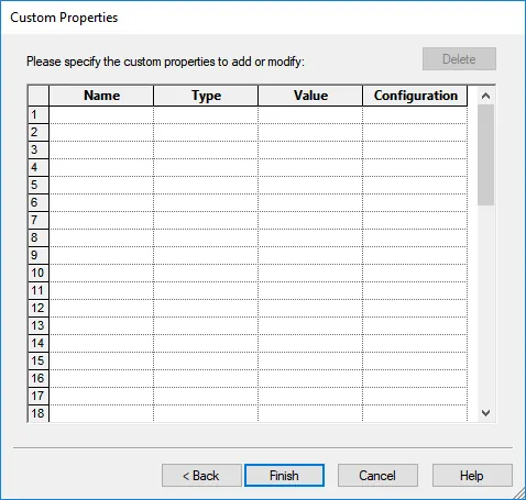 specify custom properties to be created or modified