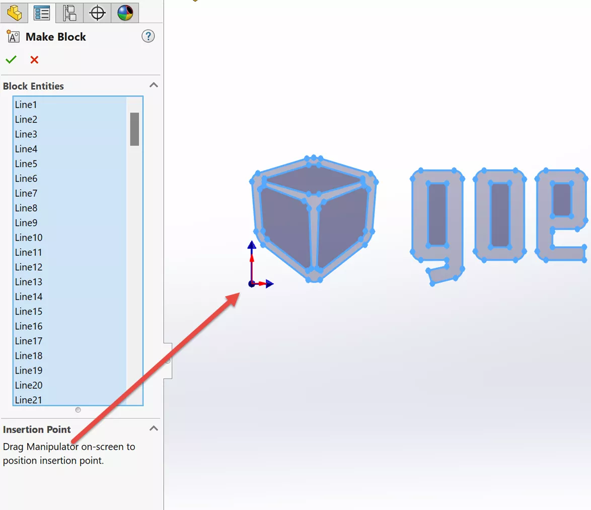 When working with SOLIDWORKS Sketch blocks, the Insertion Point will be positioned at the lower-left of the selected entities