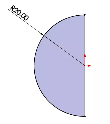 A hemisphere sketched in SOLIDWORKS with a radius of 20. This is the start of our sphere.