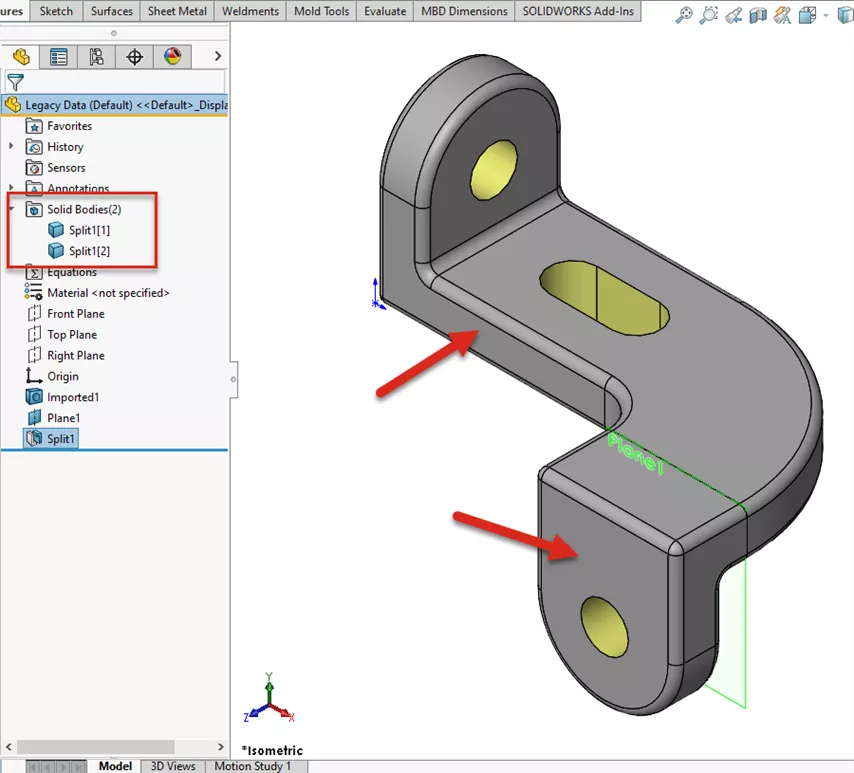 Split Feature in SOLIDWORKS Creating Two Separate Bodies