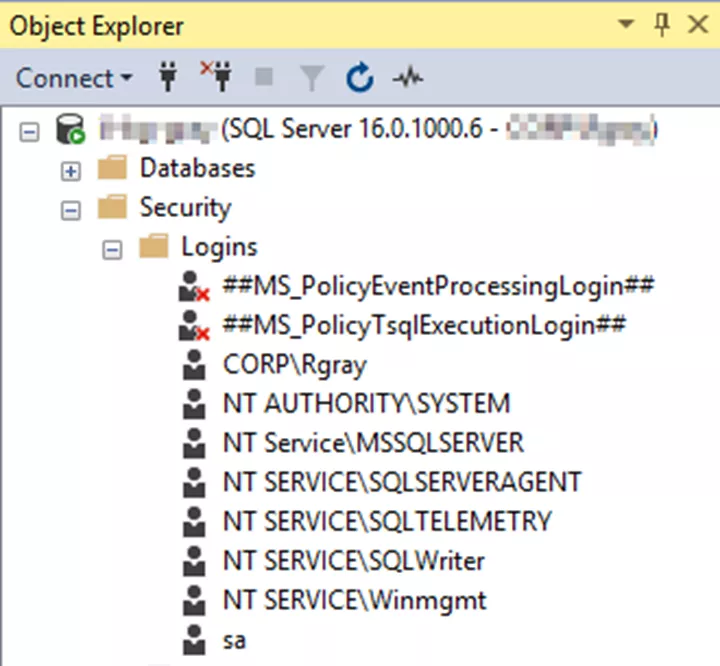 SQL Object Explorer Logins Folder 