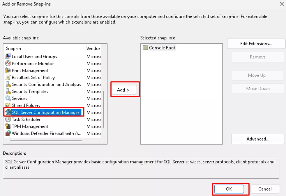 SQL Server Configuration Manager Available Snap-ins