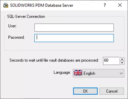 SQL Server Connection SOLIDWORKS PDM Database Server Window 