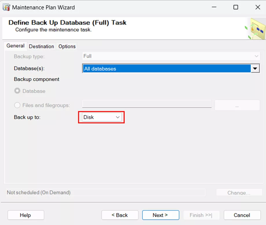 SQL Server Define Backup Database Task 