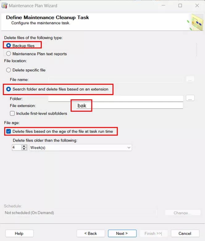 SQL Server Maintenance Plan Wizard Define Maintenance Cleanup Task Options