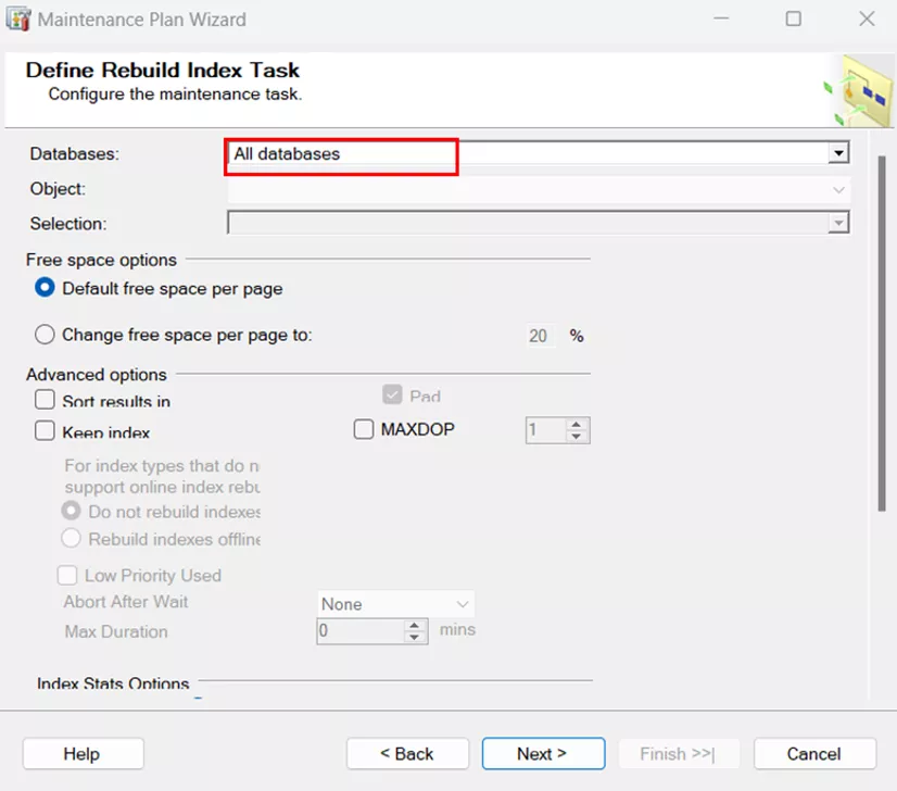 SQL Server Maintenance Plan Wizard Define Rebuild Index Task 