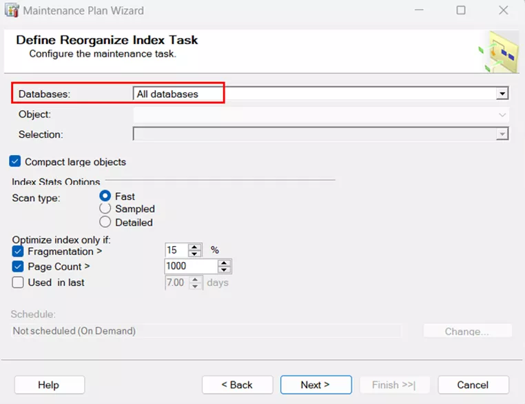 SQL Server Maintenance Plan Wizard Define Organize Index Task 