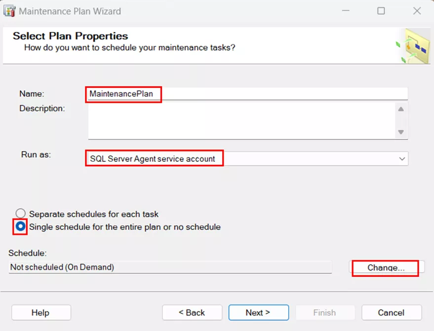 SQL Server Maintenance Plan Wizard Plan Properties