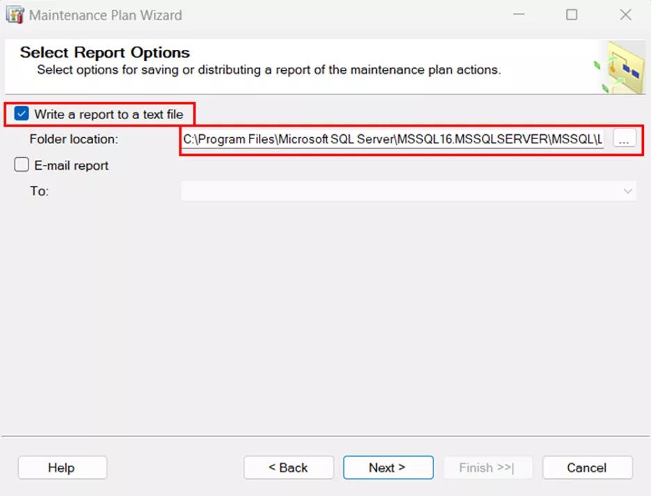 SQL Server Maintenance Plan Wizard Select Report Options