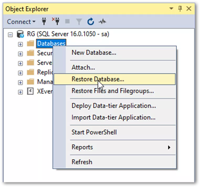 SQL Server Object Explorer Restore Database Option