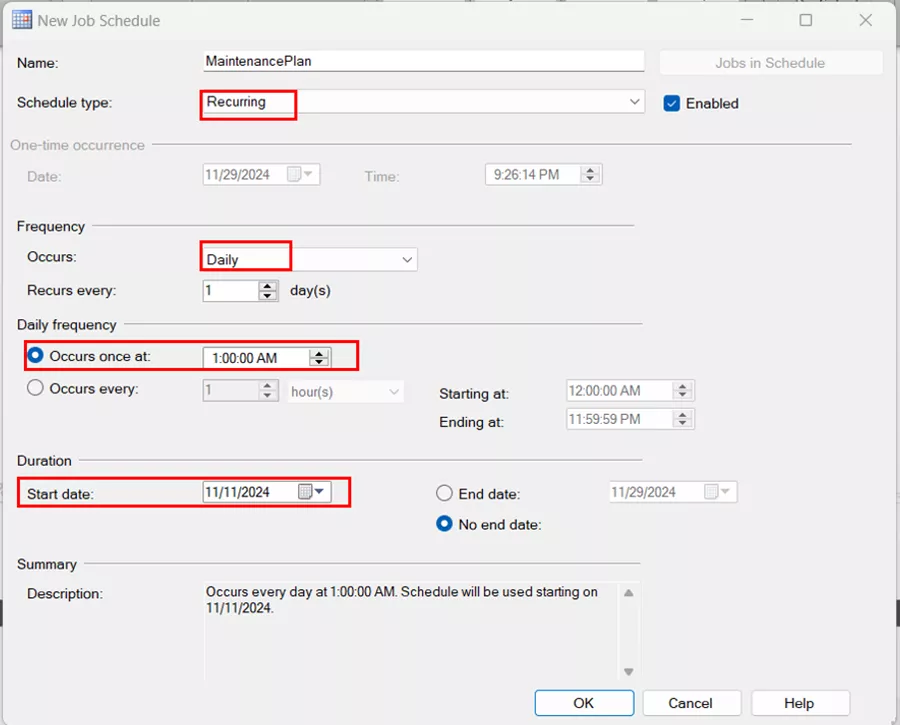 SQL Server Set New Job Schedule 