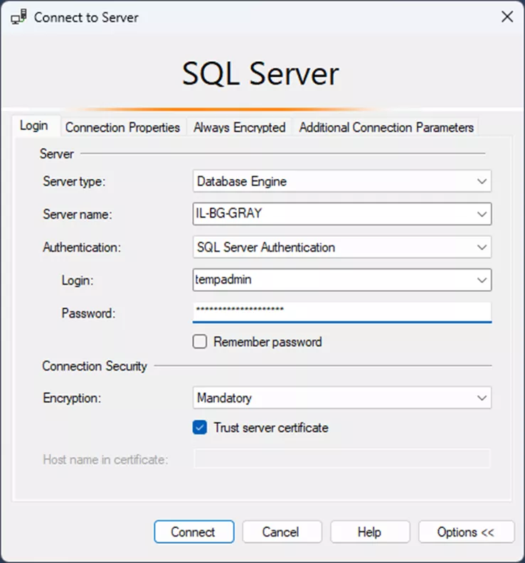 SQL Server Authentication Type SQL Server Authentication