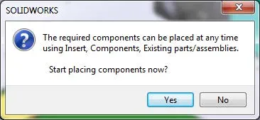 Start Placing Components Now Popup in SOLIDWORKS