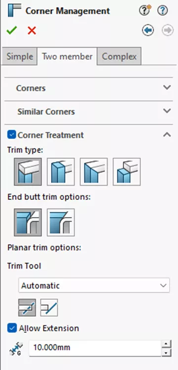 SOLIDWORKS Corner Management 2024 Two Member Tab