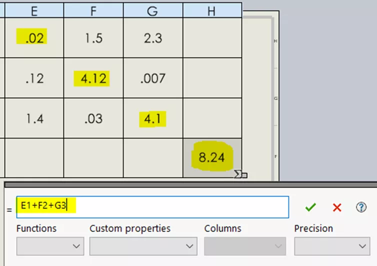 Sum of Cells in SOLIDWORKS BOM Using Equations