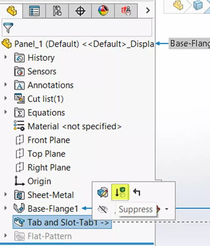 SOLIDWORKS Tab and Slot Feature Suppress Icon