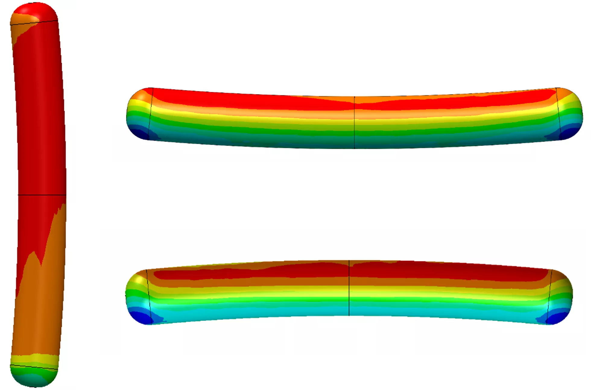 Surface temperature plots on bent hot dogs in the tested orientations. 