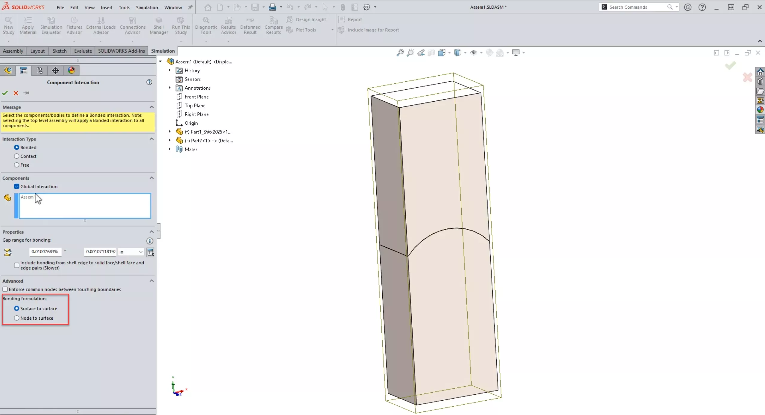 Surface to Surface Bonding in SOLIDWORKS Simulation 2025