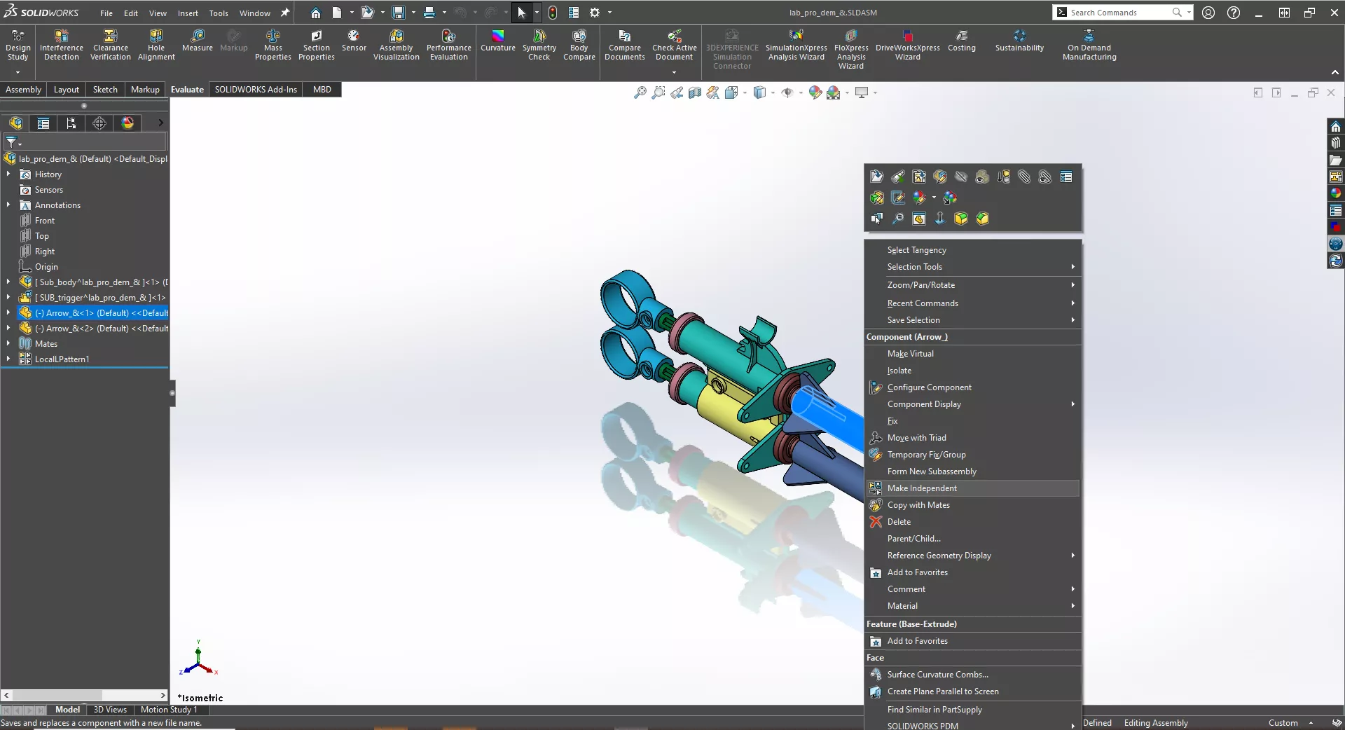 Make independent under the right-click menu in SOLIDWORKS assemblies