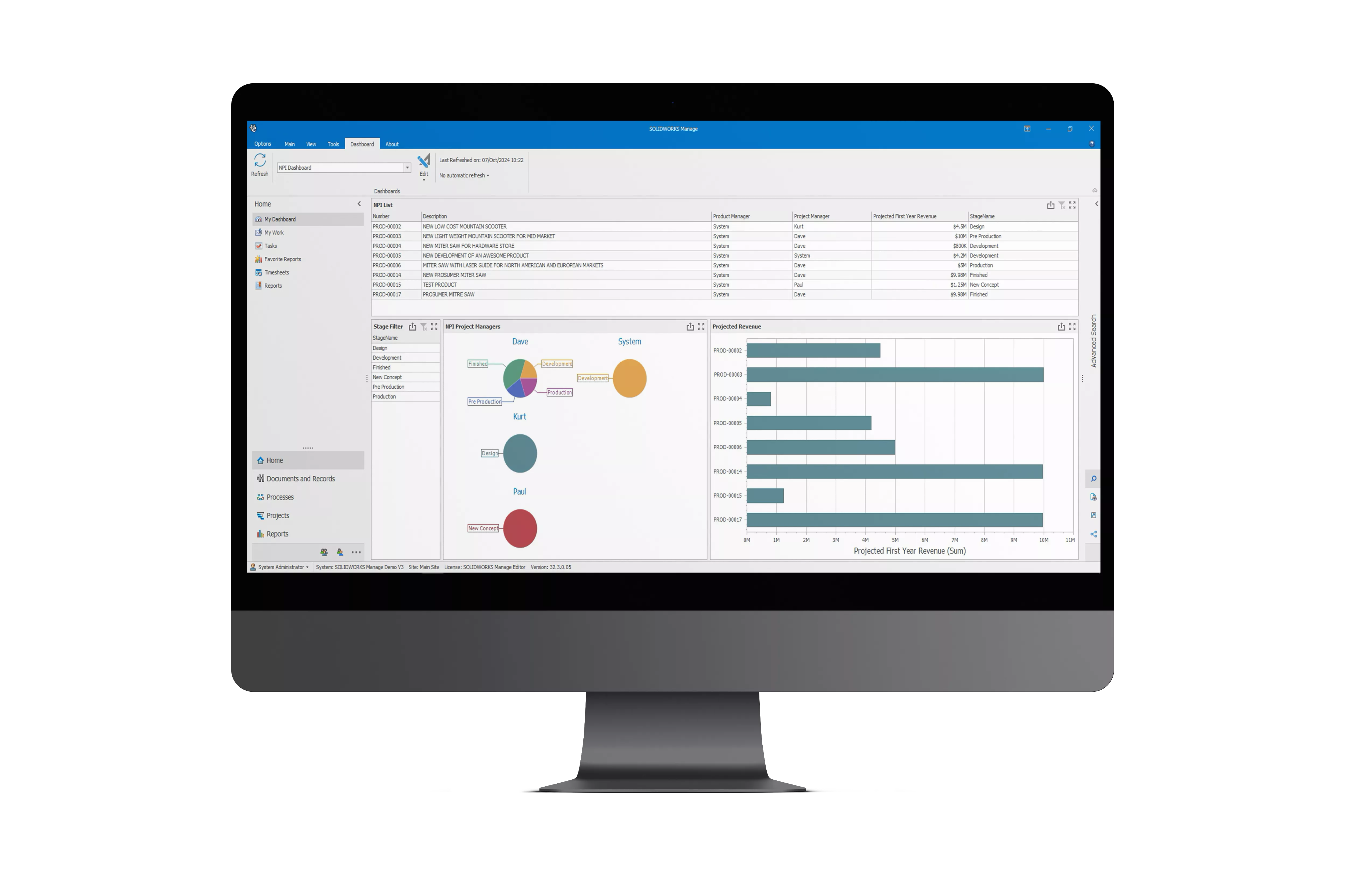 Image showing reporting and dashboards in SOLIDWORKS Manage.