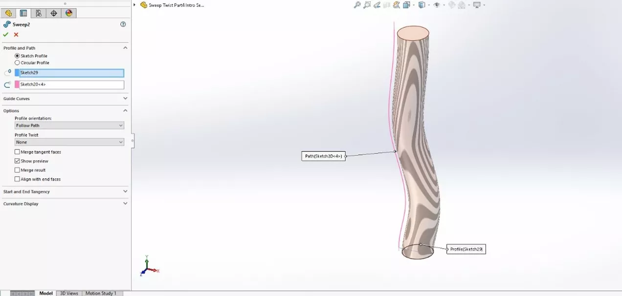 A sweep along a path in SOLIDWORKS.