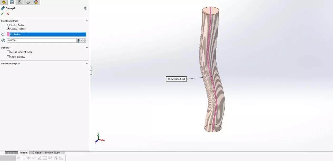 A typical sweep in SOLIDWORKS with a profile around a line.
