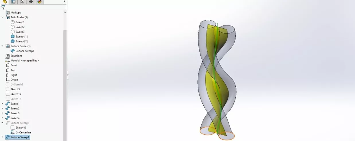 The result of a twisted surface sweep creates a surface body along the center.