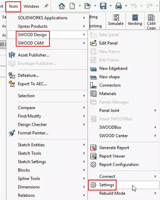 SWOOD Design and SWOOD CAM Settings Access from Tools