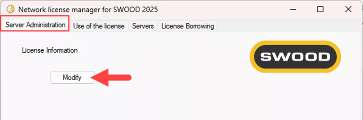 SWOOD Network License Manager Server Administration Tab 