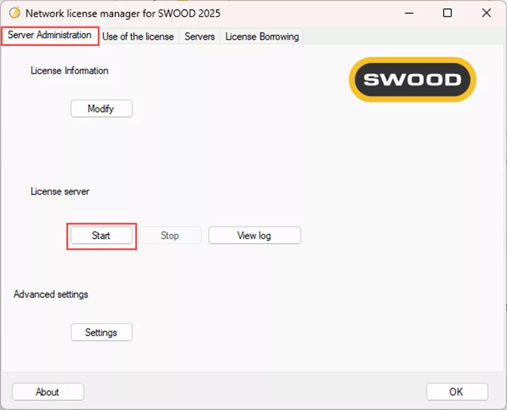 SWOOD Network License Manager Start License Server