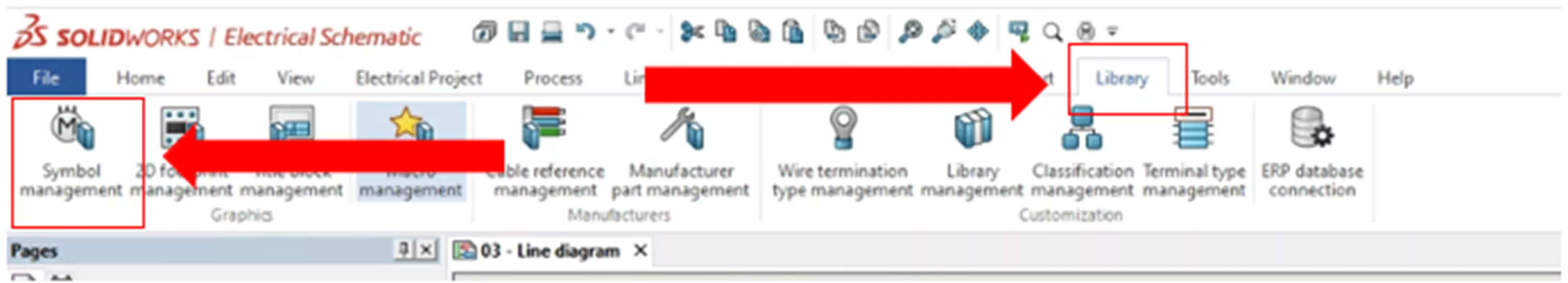 Library Tab and Symbol Management Command in SOLIDWORKS Electrical Toolbar